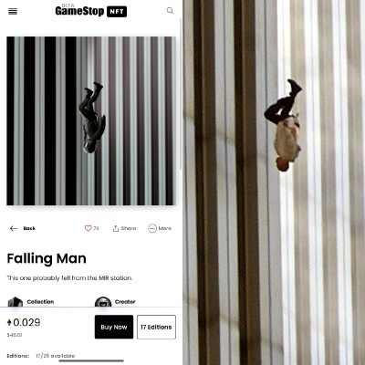 GameStop NFT Marketplace Is Selling This Photoshopped, Very Real 9/11 Image Of A Man Falling From One Of The Towers To His Death. It Has Been Up For 10 Days And Is Still Currently Up Despite Numerous Reports.
